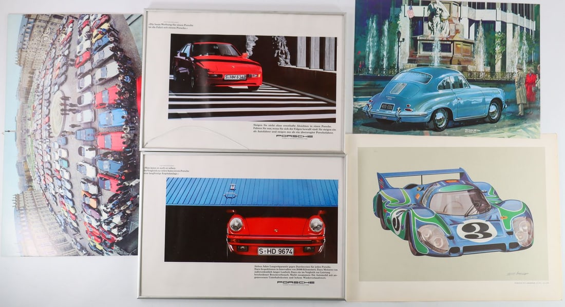Porsche 5-piece Art Prints / Posters: 2x 'Porsche fahren in seiner schönsten Form' (framed, one glass cracked, 29.5 x 42 cm), art print Porsche 917 Langheck (34.5 x 44.5 cm), 1960 Porsche 1600 Super etc.