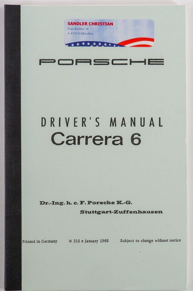 Porsche Owner's Manual Type Carrera 6: Reprint