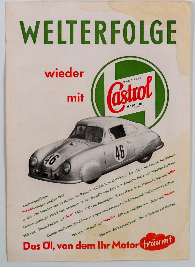 Porsche Small Poster / Flyer Castrol with Porsche 356 SL: Commemorating the victory at the 24 Hours Le Mans 1951, Liege-Rome-Liege and the Tour de France, 20.8 x 14.8 cm
