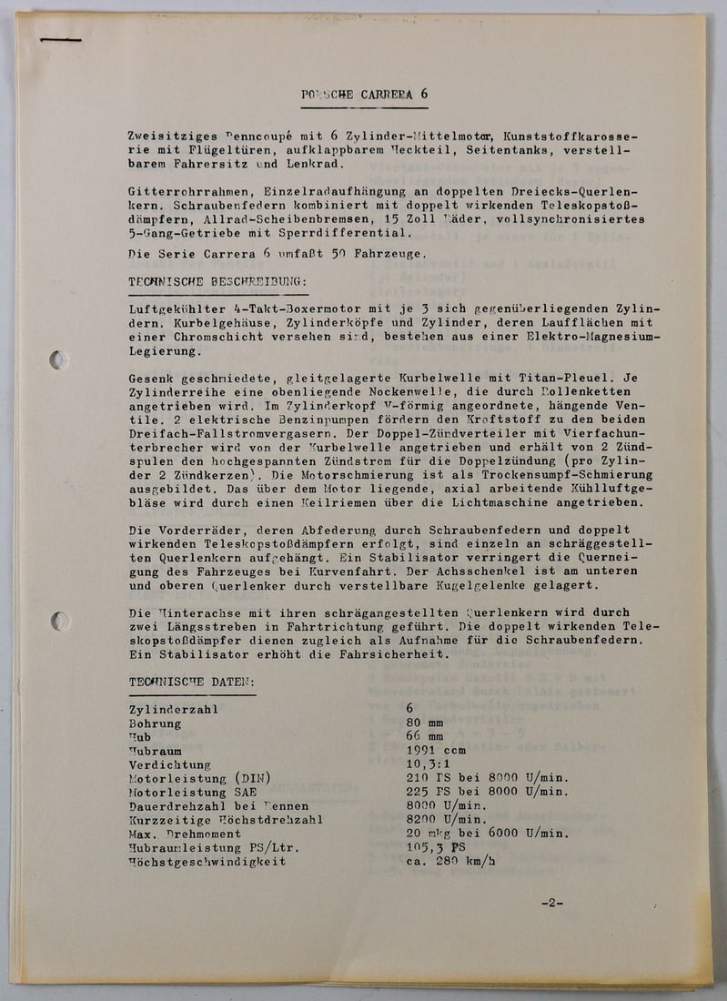 Porsche Original Porsche Press Data Sheet Type Carrera 6 (M: 4 pages with official technical factory specifications, construction details and specifications of the racing car. German.