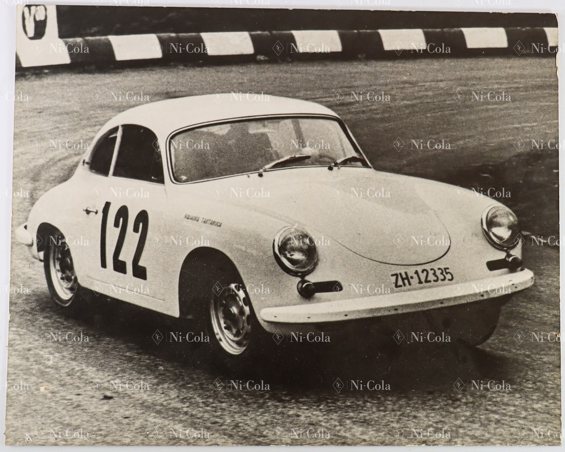 Porsche Original B/W Photo Porsche 356 B T6 Carrera GT: Driver: Xavier Perrot, 60 x 40 cm, on wood