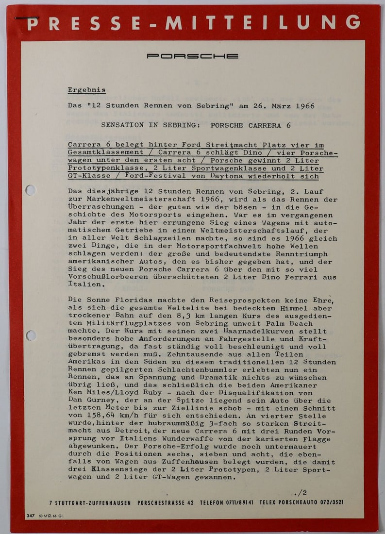 Porsche Original Porsche press release for the 12-Hour Race (1 of 2)