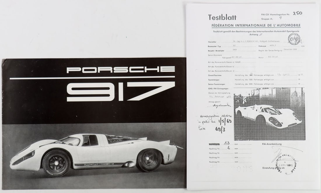 Porsche Sales Brochure Type 917: W022-01-02000-03-69, French, 8 pages, plus 18 pages homologation (copy)