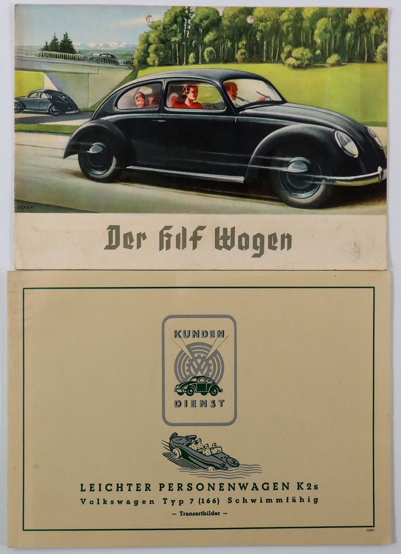 Volkswagen 2-piece: Sales brochure 'Der KDF-Wagen', design Demar, German, 10 pages, hole-punched; Sales brochure Type 7 (166) Amphibious, Light Passenger Car K2S, German, incl. Transart images, Reprint 1988, German