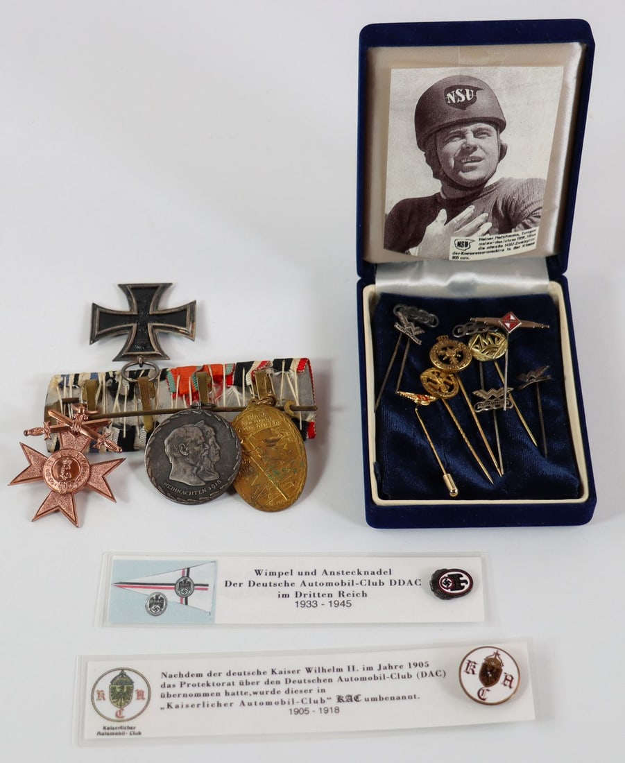 Automobilia 16-piece lapel pins/brooches from the 1910s – 1: Consisting of 4 merit medals from World War I, e.g. Iron Cross, 12 lapel pins / brooches, including e.g. Deutsche Automobil Club DDAC 1934, ONS Deutscher Meister 1937, etc.