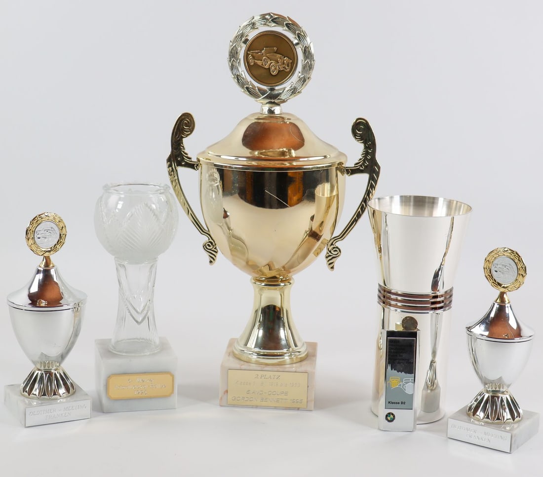 Automobilia 5 Cups / Trophies: E.g. 5th, 2nd place AvD-Coupe Gordon Bennet 1995 (H: 28 cm) etc.