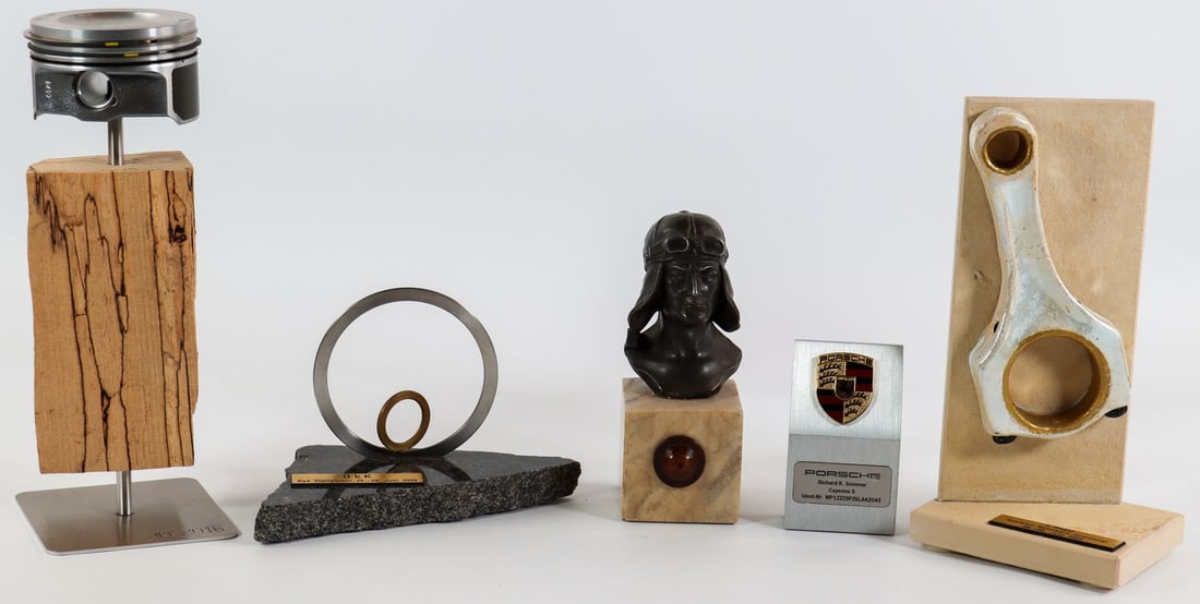 Automobilia 5-piece Table Décor / Desk Pieces / Trophies: E.g. 2nd place winner Ausfahrt Naturpark Altmühltal 08–09 June 2002 (Height: 24 cm) etc.
