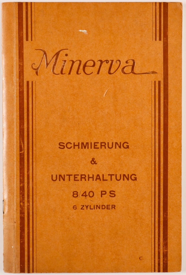 Automobilia Minerva prestige catalog on lubrication and mai: For type 8/40 HP 6-cylinder, German, 61 pages, rare