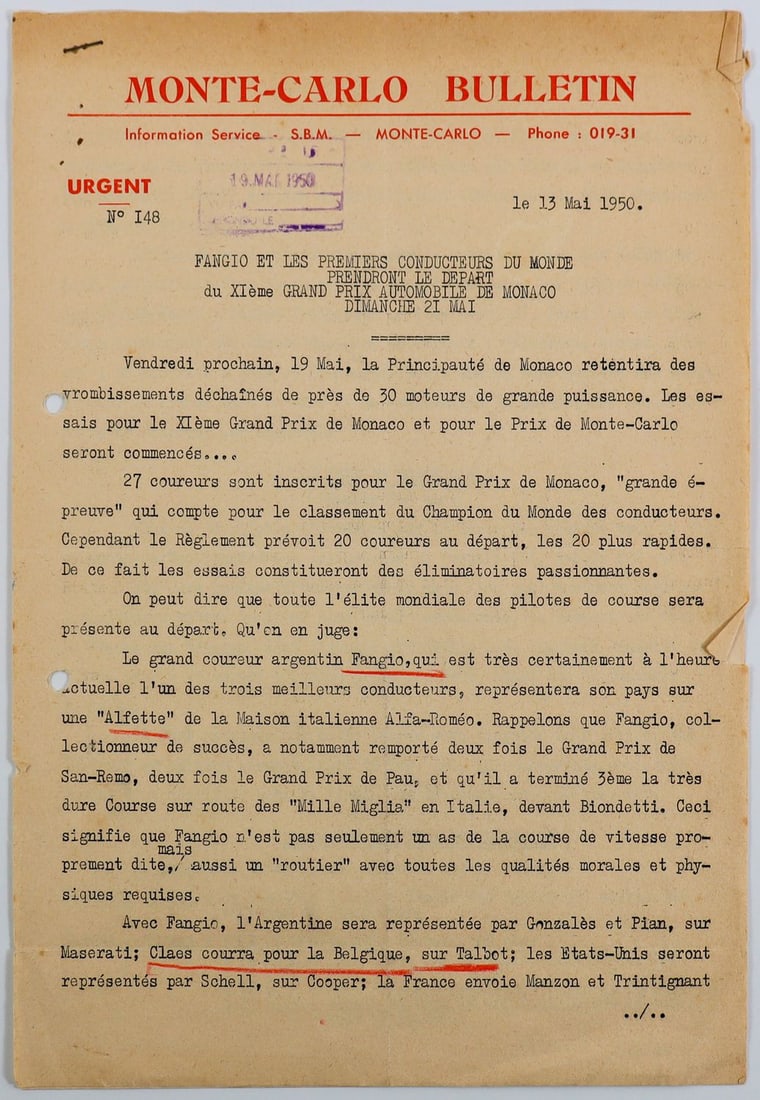 Automobilia Original telegram of a press article in the Mon: French, 3 pages