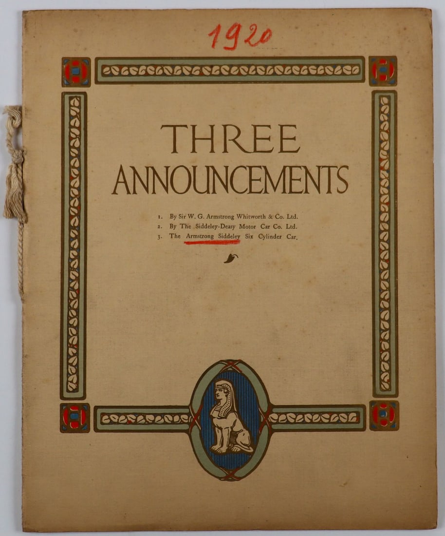Automobilia Deluxe catalog 'Three Announcements' 1920: English, 8 pages, very rare, cord binding