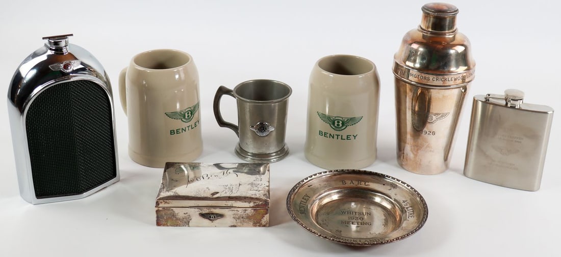 Bentley 8-piece set: Desk objects, bar accessories and motorsport memorabilia etc.
