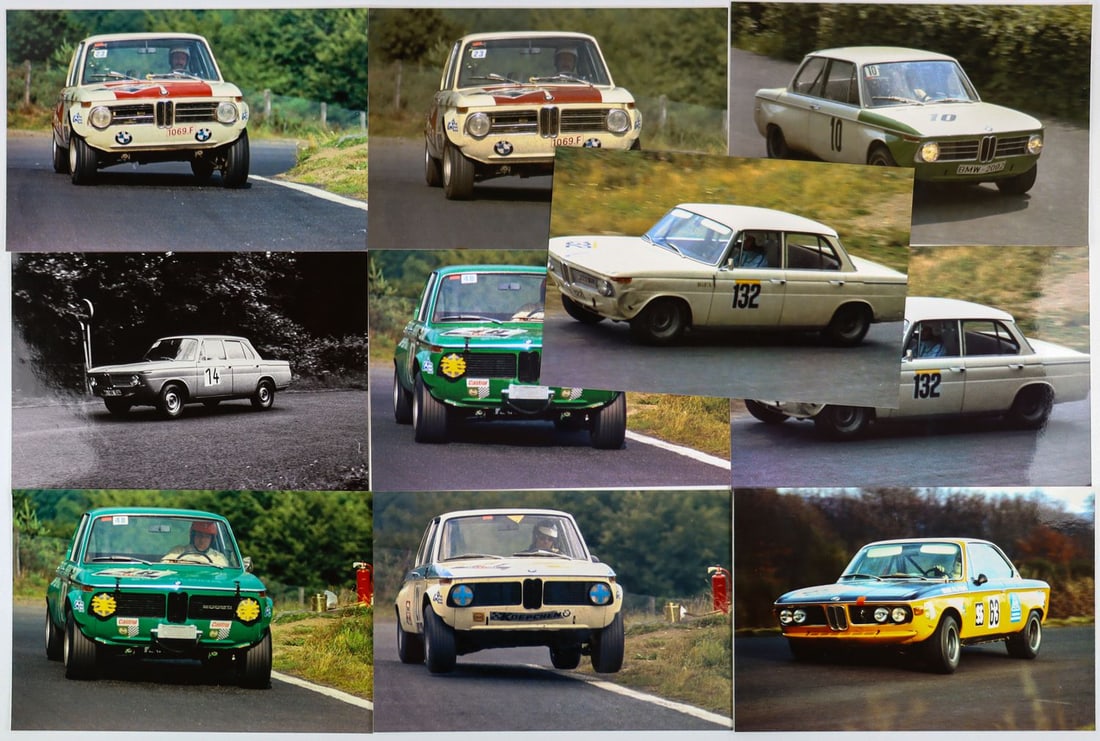 BMW 10 large-format color press photos: E.g. BMW 200 Ti 1967, GP Touring Car 1970 etc., 20 x 30 cm