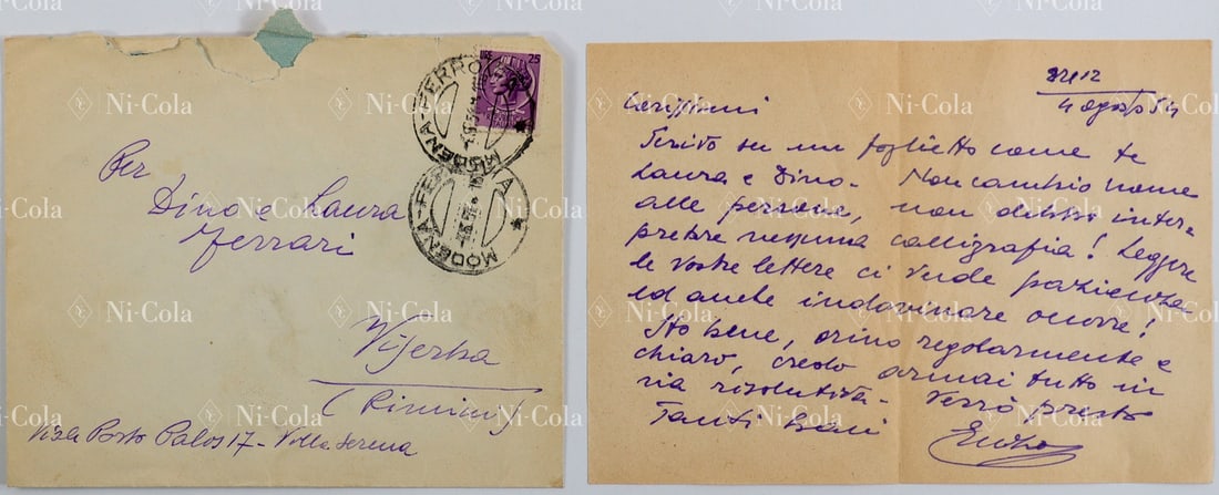 Ferrari Original handwritten letter from Enzo Ferrari to Di: Dino and Laura Ferrari are staying for recreation in Viserba near Rimini, at Viale Porto Palos 17 - Villa Serena. A very rare and private letter from Enzo Ferrari to his wife and son. He is clearly ve