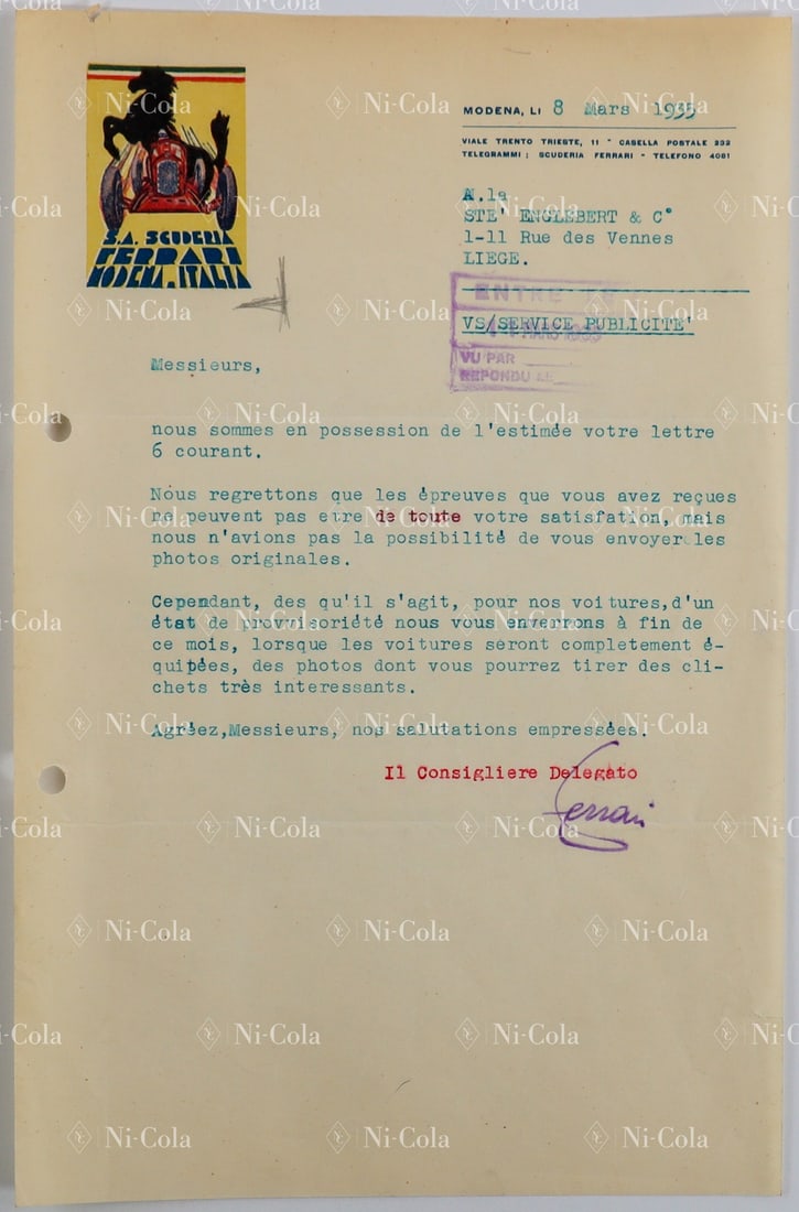 Ferrari Letter from Enzo Ferrari to Englebert dated 8 March (1 of 2)