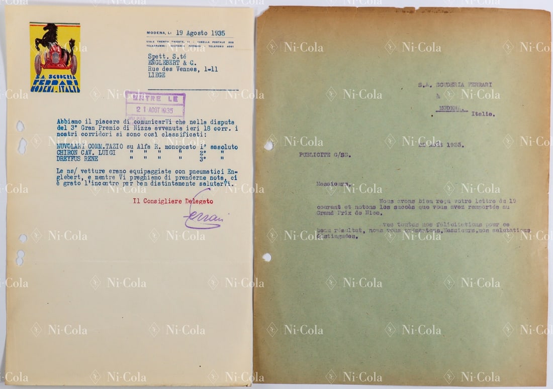 Ferrari Letter from Enzo Ferrari to Englebert dated August: Two-page letter in Italian and French, hand-signed by Enzo Ferrari. In the letter, Ferrari reports on the triple victory at the Grand Prix de Nice 1935, in which Tazio Nuvolari, Louis Chiron and