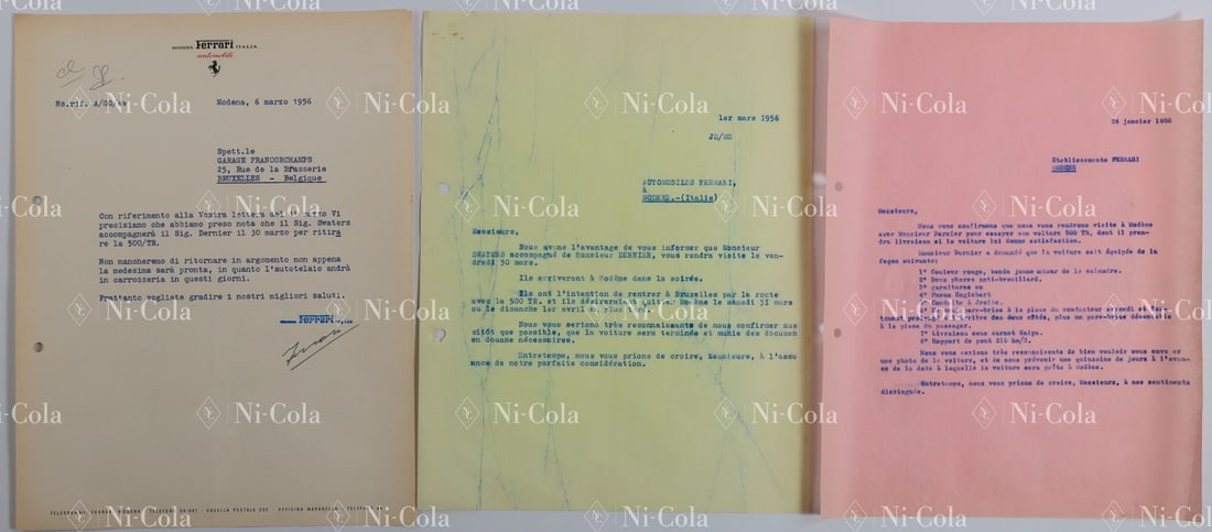 Ferrari Correspondence between Alfredo (Dino) Ferrari and J: This concerns the ordering, sampling, and delivery of the 500 TR Spyder Scaglietti, s/n 0618MDTR. On 24.01.1956, Jacques Swaters writes to Ferrari that he will be coming to Maranello together with