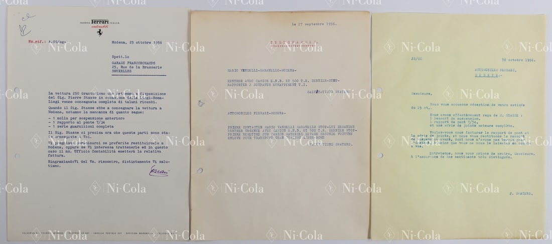 Ferrari Correspondence between Enzo Ferrari and Jacques Swa: Swaters writes a telegram to Ferrari on 27.09.1956. Telegrams were much faster than letters. This telegram was necessary because the transporter Mario Vandelli would be delivering a 2nd Ferrari. It