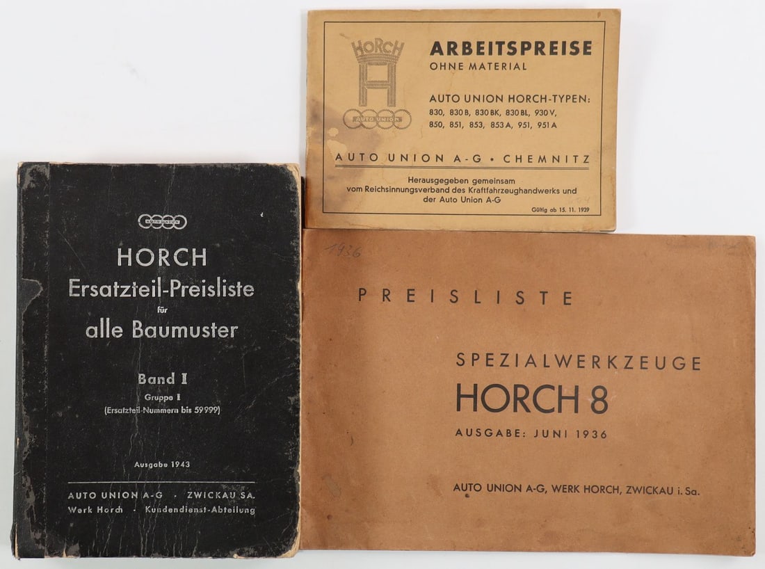 Horch 3-Part Workshop Documents: Price list for special tools Horch 8 from 1936, labor prices for all assemblies from 1939 and spare parts body type Group I from 1943, German