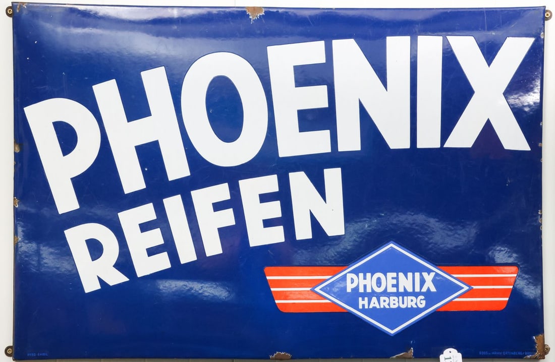 Automobilia Phoenix Reifen Enamel Sign from the 1950s: Enamel works: Boos & Hahn, 120 x 80 cm