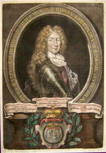 Johann Weigel Lithuania Latvia: Johann Christoph Weigel (1661 - 1726) DEI GRATIA FRIDERICUS GULIELMUS IN LIVONIA CVRLANDIAE ET SEMIGALIAE DVX XVIII a. I p., pop., spalvintas vario raiz., 37,5 x 26 Pagal Johann Leonhard Hirschmann (1