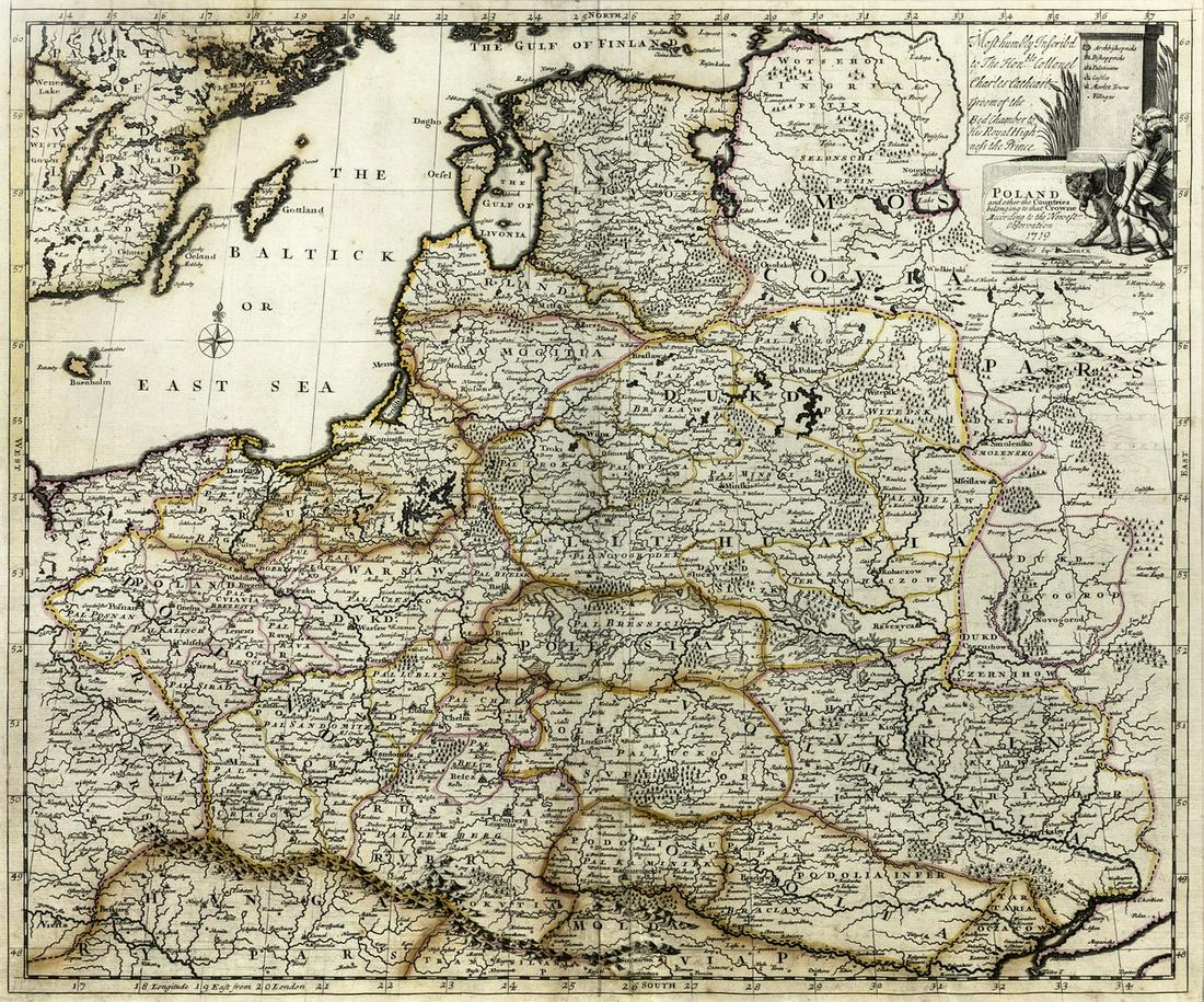 Senex ATR map, 1719: Senex ATR zemelapis, 1719 John Senex (1678-1740) Poland and other Countries belonging to that Crowne According to the Newest Observation Spalvintas vario raizinys, 47,5 Ã— 54 Londonas, Daniel Brown
