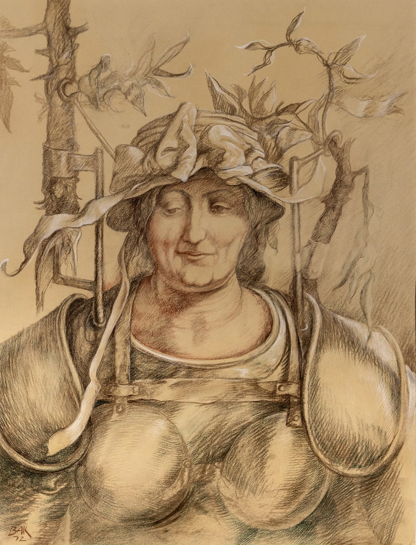 Samuel Bak Moteris su skrybele: Samuel Bak (g. 1933) Moteris su skrybele 1972, pop., pastele, 65 x 50 Sign. AK: Bak 72