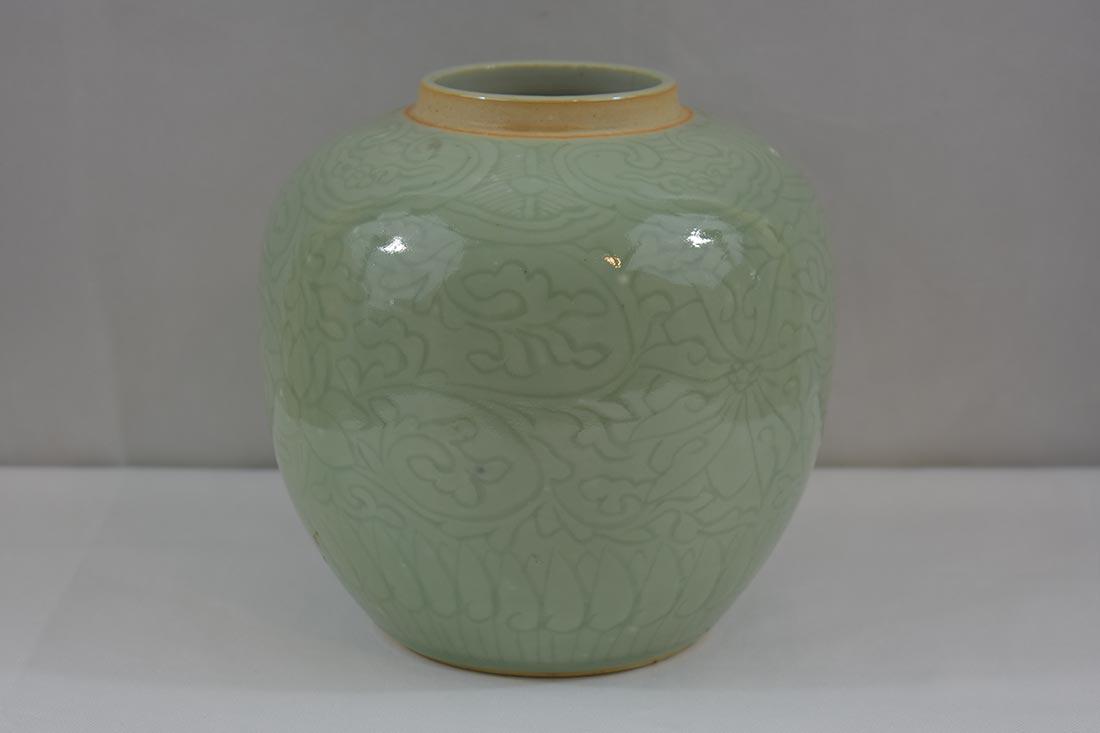 Chinese Celadon jar w/ mark (1 of 3)