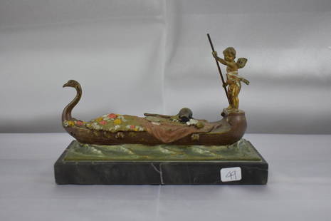 Early 20C Erotic Bergman Cold Painted Vienna Bronze: 20C Bergman Cold Painted Vienna Bronze Erotic Gondola Group. Measures 8"x5"x3"