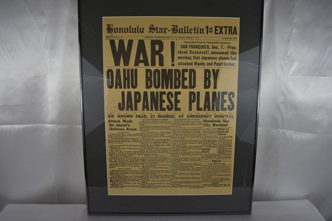 Dec. 7, 1941 Newspaper WWII Original: Framed 1941 Newpaper Oahu Bombed by Japanese Planes original measures 15 1/2"x 21 1/2", 21" x 27 1/2"frame