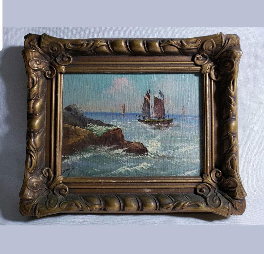 Antique Seascape Oil Painting Signed Gatson Carville (1 of 12)