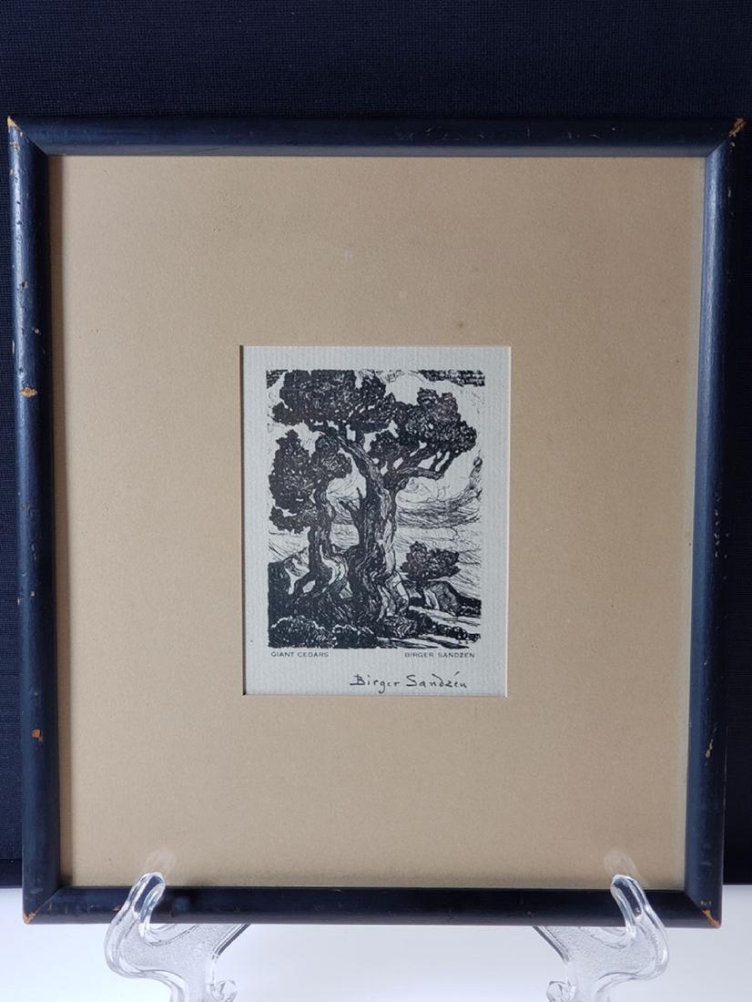 Signed Birger Sandzen engraving "Giant Cedars": Antique lino cut engraving Giant Cedars signed Birger Sandzen 1871 - 1954.Lot 35 is another from same artist. Frame measures 8.5" x 7.5" , art 3 5/8" x 2 3/4". Birger Sandzen was active/lived in Kansa