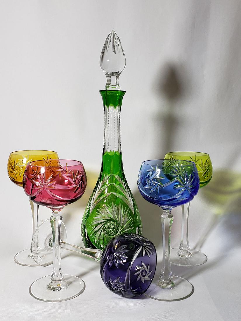 Vintage cut to clear green decanter w/ 5 wine glass MK: Vintage cut to clear green cut glass decanter w/ 5 wine glass Marked. Decanter 17" Tall , wine glasses 7 7/8"
