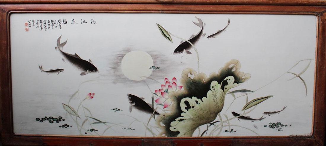 Lg 20th c Chinese Famille rose porcelain plaque signed (1 of 14)