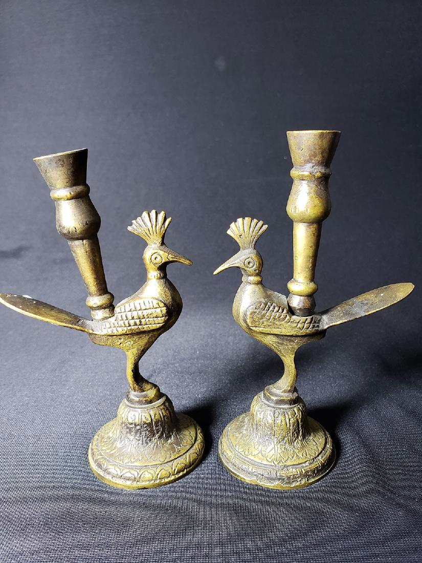 Early pair of antique bronze chamber sticks BIRDS (1 of 8)