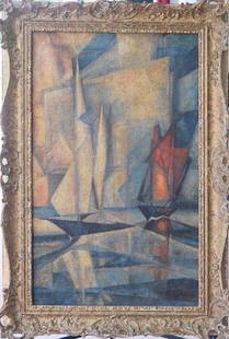 Lyonel Feininger 1871-1956 Cubist Cubism Painting: Lyonel Feininger (1871 - 1956), Frame measures 31" x 21", canvas 26" x 16".Lyonel Feininger was active/lived in New York, California, New Jersey. Lyonel Feininger is known for cubist townscape, archit