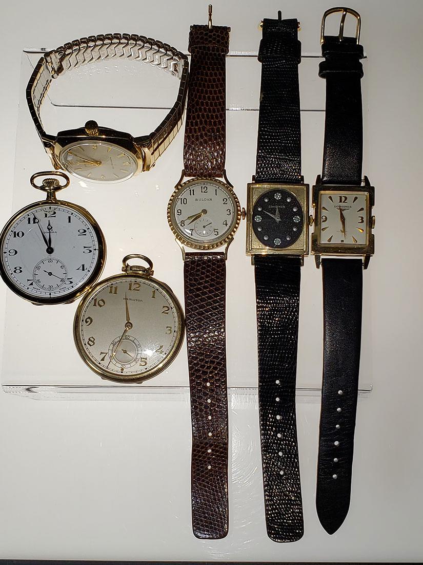 Lot of 5 vintage watches: Lot of 5 vintage watches, gold filled longines bulova and omega and hamilton.