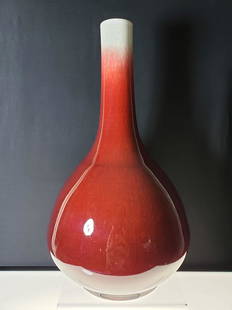 18-19 c Chinese Oxblood red glaze Vase: 18-19 c Chinese Oxblood Sang De Boeuf red glazed Vase. Measures 13" x 7 1/2".