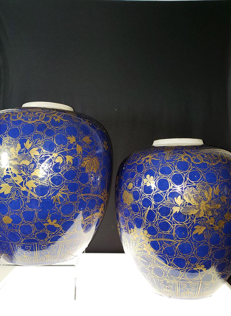 Pr of Chinese powder blue gilt jars: Pr of Chinese powder blue gilt jars. Measures 11.5" x 10.5". Holes and one with old staple repairs.