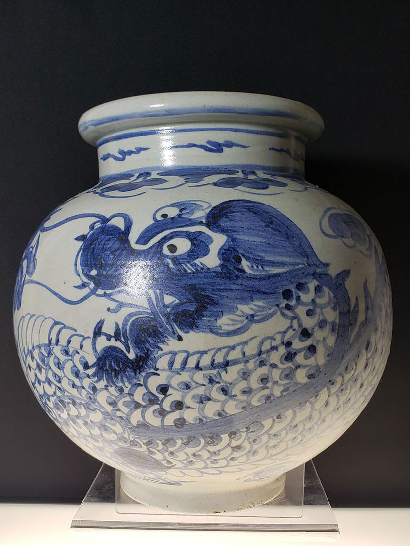 Antique Korean Blue & White Moon Jar Dragon Vase 19 c: Antique Korean Blue & White Moon Jar Dragon Vase 19 c. Measures 9" x 9"