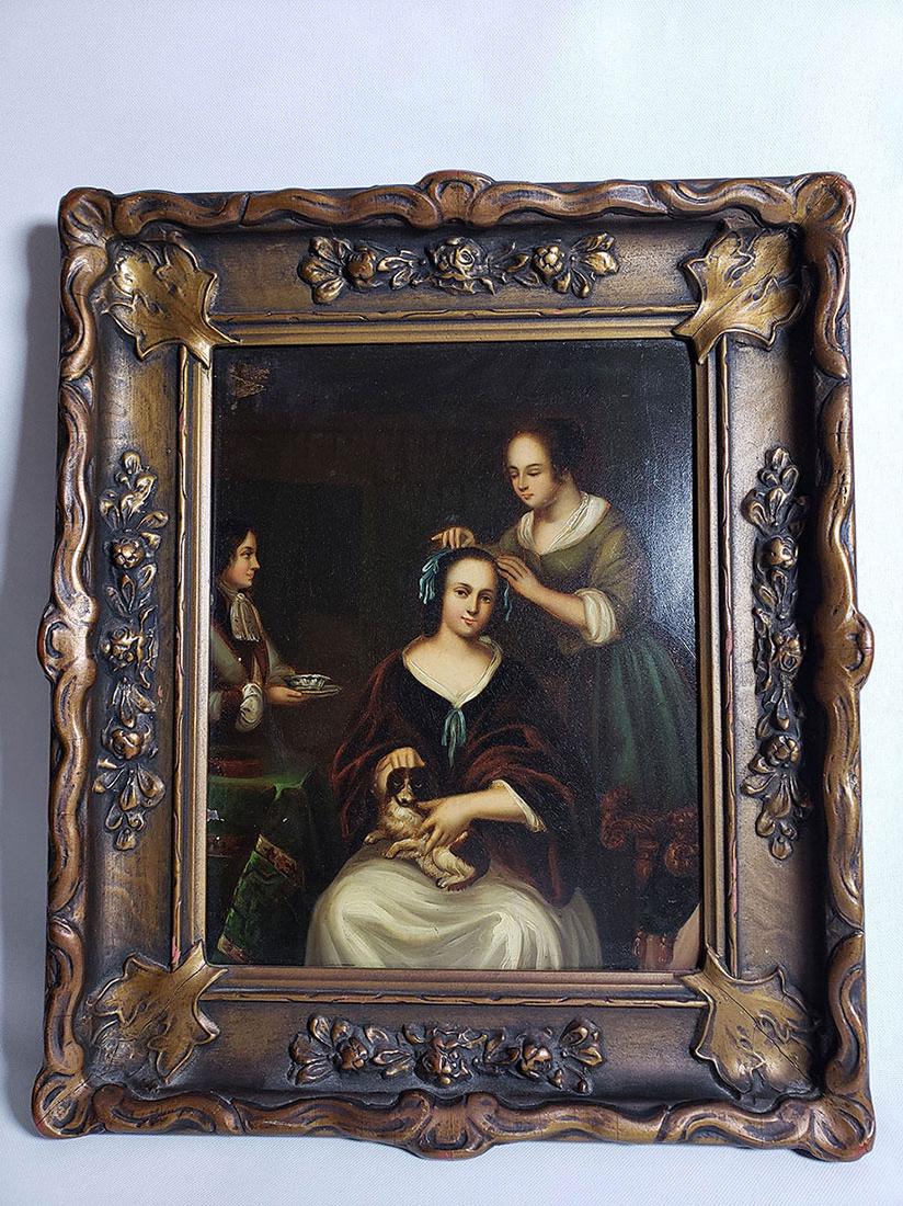 RELISTED Antique Old Master Oil Painting Women W/ Dog: RELISTED DUE TO NON PAYMENT!!!!!!!!!!Antique Old Master Oil Painting Women W/ Dog on Tin Maybe A Young Mona Lisa 17-18th c.Frame Measures 13 3/4 x 11 3/4 Inches Tin Measures 10 1/4 x 8 1/4