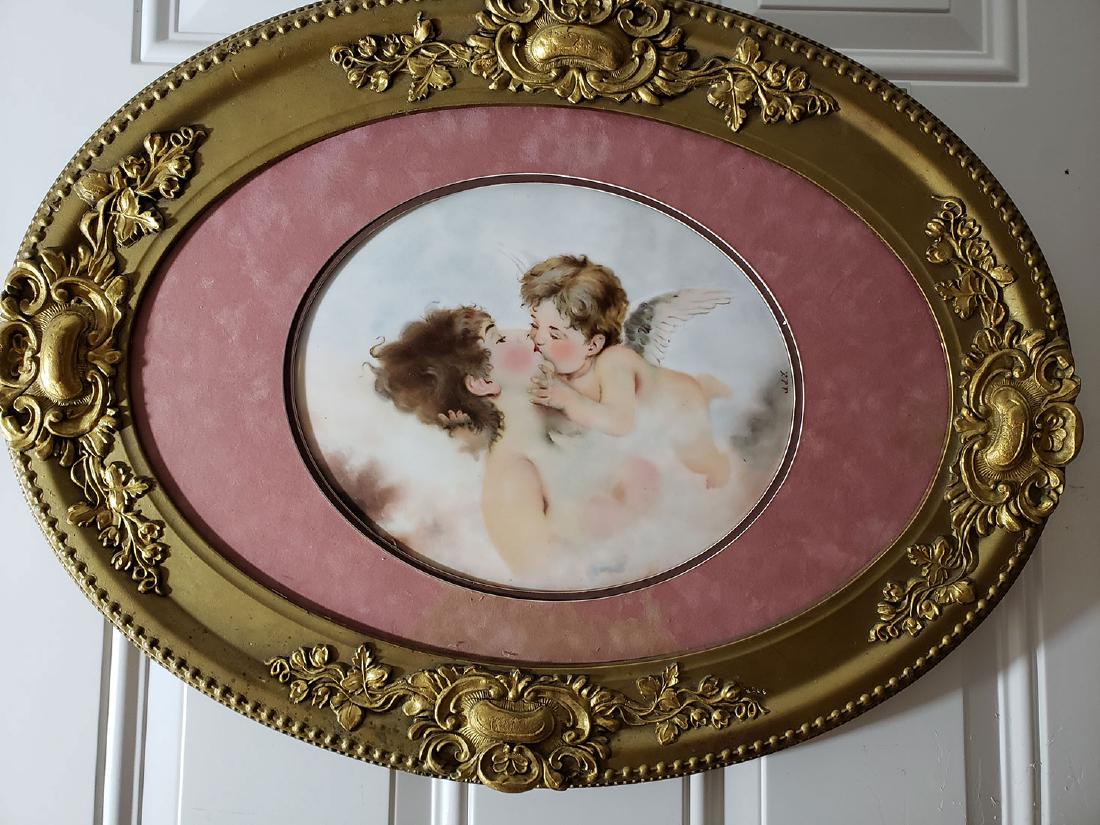 Fine KPM Hand painted porcelain plaque woman & cherub: Fine KPM Hand painted porcelain plaque woman & cherub. Frame 25" x 19" , plaque approx 12" x 10"