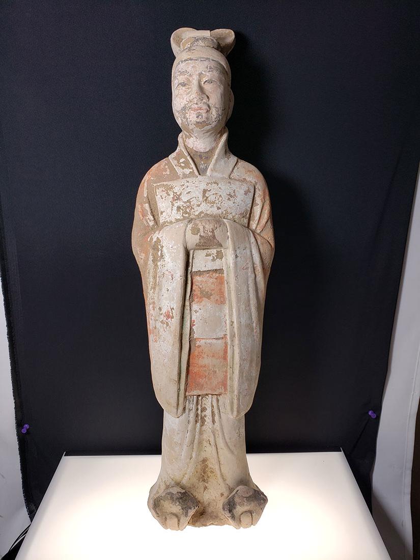 Tall fine Chinese earthenware figure Tang Dynasty: Tall fine Chinese earthenware figure Tang Dynasty. Measures 29" Tall