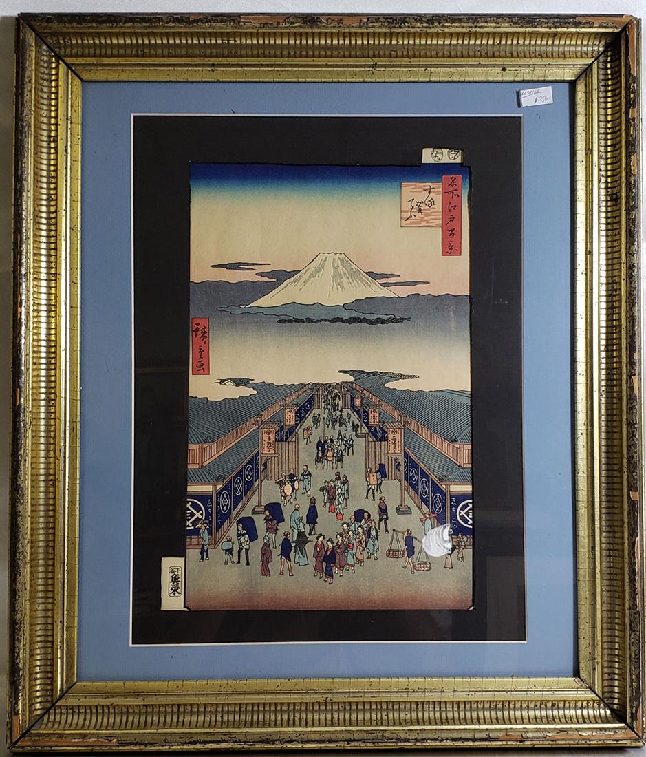 Fine Woodblock by Ando Hiroshige (Japanese, 1797-1858): Fine Woodblock by Ando Hiroshige (Japanese, 1797-1858). 100 views of Edo #8. Measures 21" x 14"including frame. Utagawa Hiroshige, who is also known as Ando Hiroshige, remains one of the most admired 