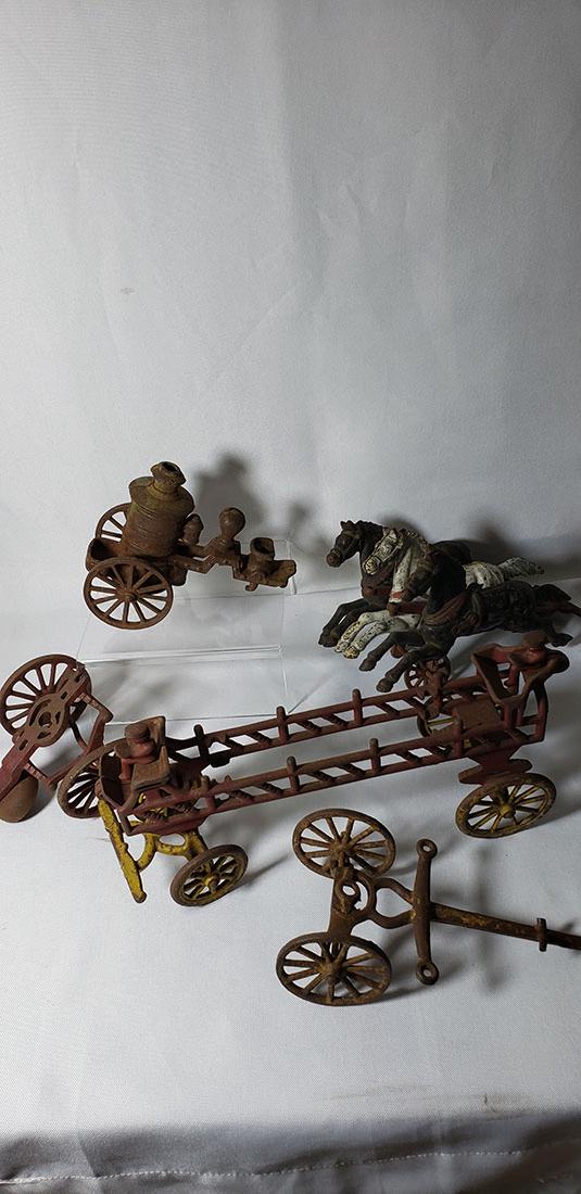 Lot Cast Iron Horses & Wagons For "Parts": Lot Cast Iron Horses & Wagons Signed "Parts"