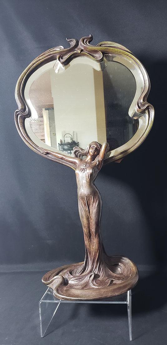 A Fine Art Nouveau Bronze Figural Mirror Artist Signed: A Fine Art Nouveau Bronze Figural Mirror Artist Signed. measures 18 1/4" Tall