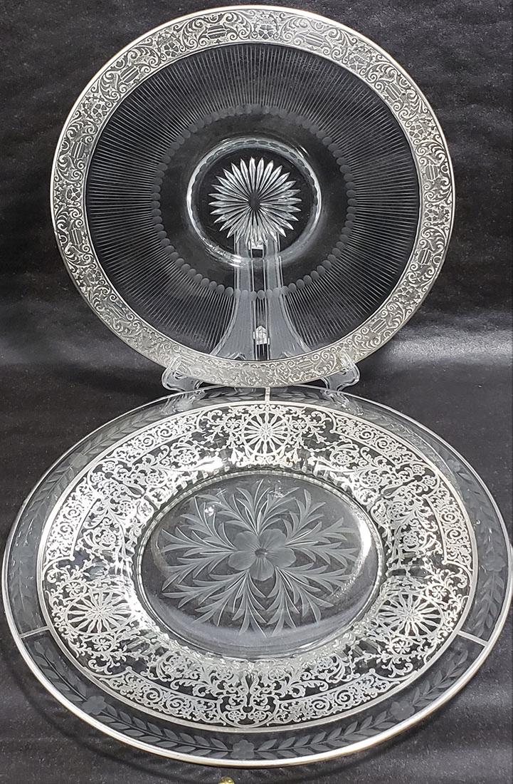 Lot 2 Cut Glass & Sterling Platters: Lot 2 Cut Glass and Sterling Platters Measures 12" and 14"