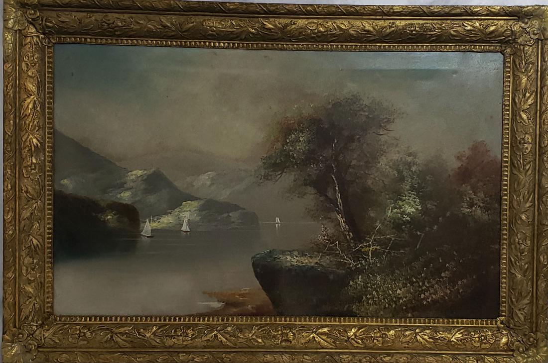 LG Hudson River School Landscape Painting 19 c: Large Hudson Valley School Painting 19 c. Measures 28 1/2" x 42" frame (relined)