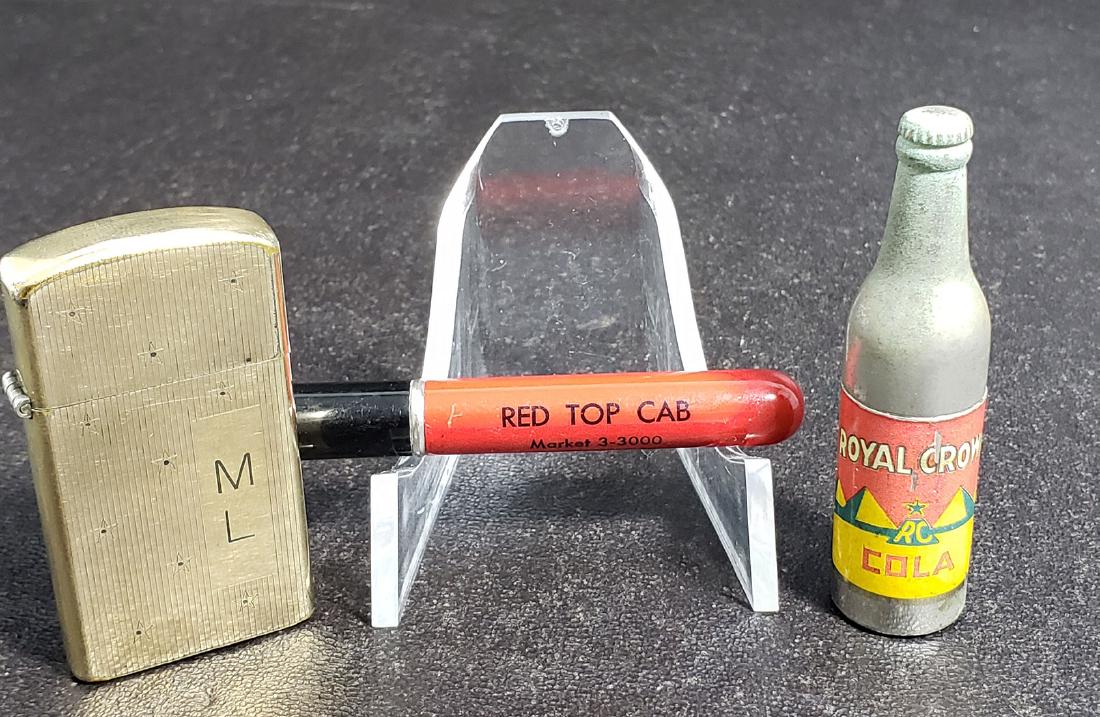 Lot 3 Vintage Lighters Zippo Royal Crown Cola: Lot 3 Vintage Lighters, Royal Crown Cola, Zippo, & Red Toll Cab