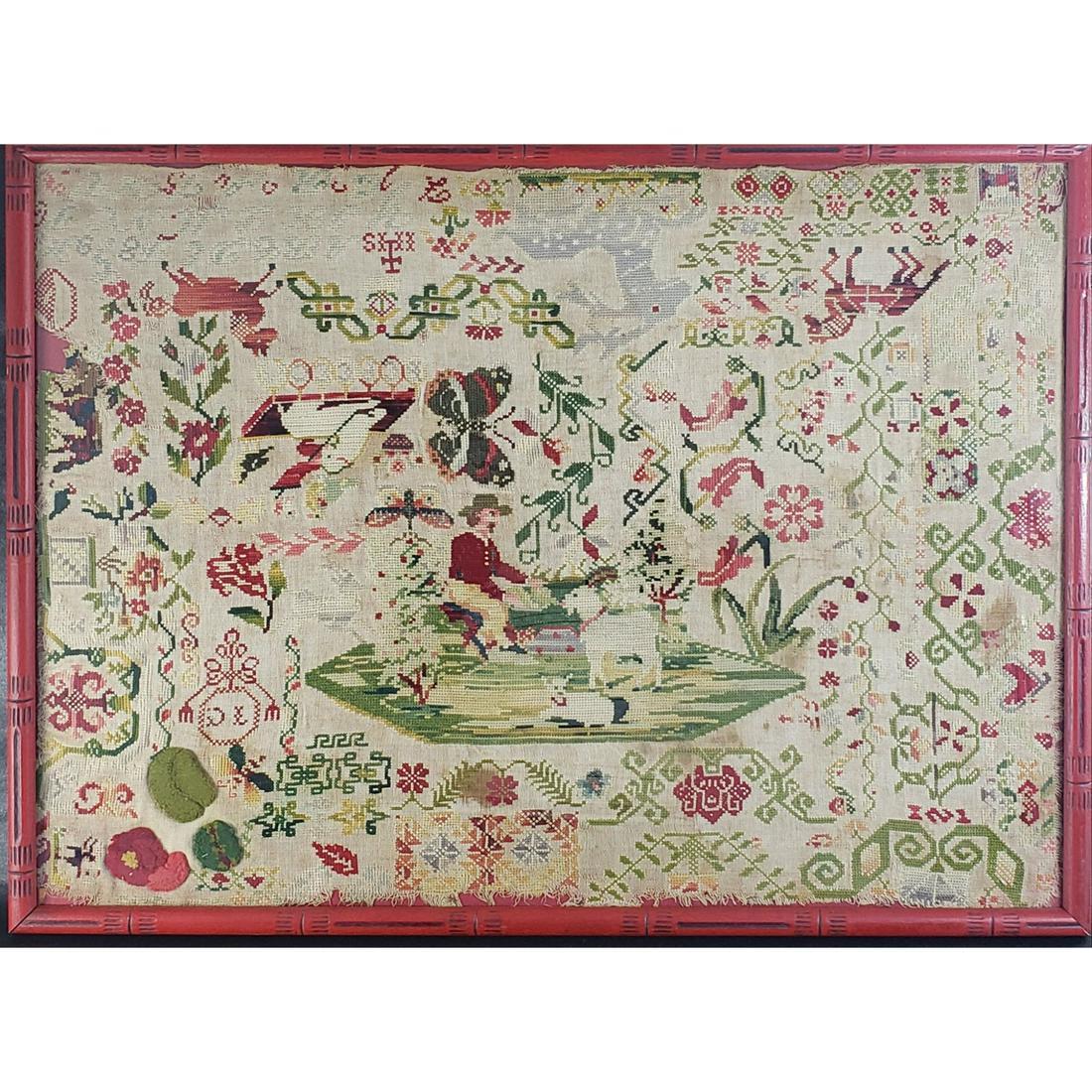 Antique Folk Art Needlepoint 19th c: Antique Folk Art Needlepoint 19th c. Measures 22" x 30"