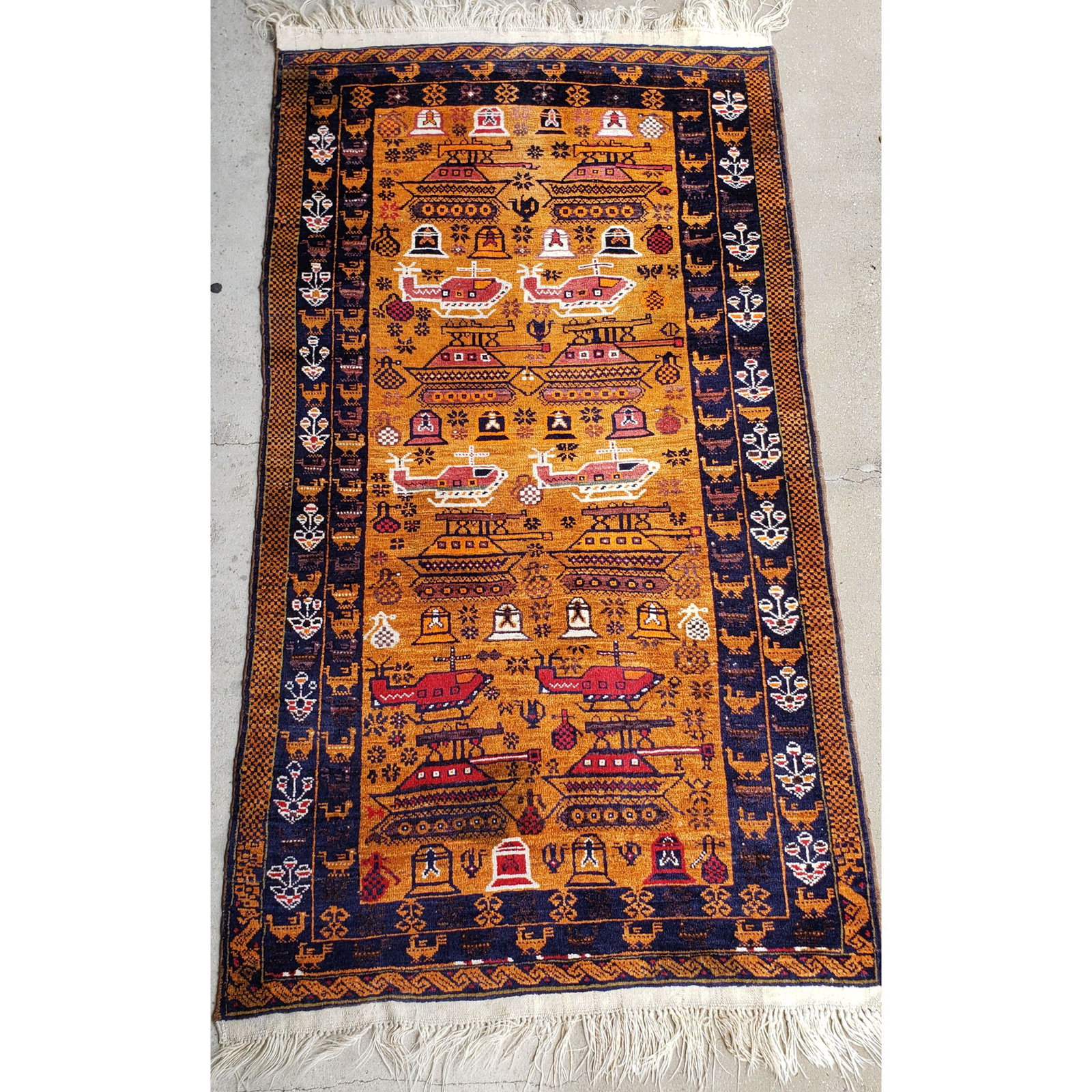 Vintage Afghanistan Soviet Russian Weaponry Rug: Vintage Afghanistan Soviet Russian Weaponry Rug. Measures 84" x 45"